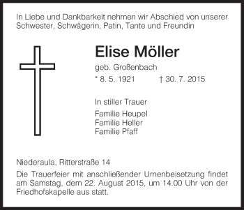 Traueranzeige von Elise Möller von Hersfeld