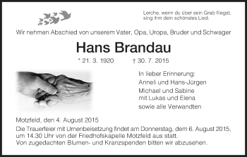 Traueranzeige von Hans Brandau von Hersfeld