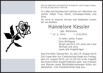 Traueranzeige von Hannelore Kessler von Hersfeld