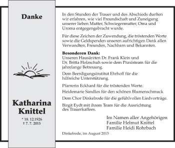 Traueranzeige von Katharina Knittel von Hersfeld