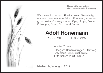 Traueranzeige von Adolf Honemann von Hersfeld