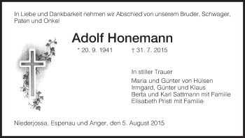 Traueranzeige von Adolf Honemann von Hersfeld