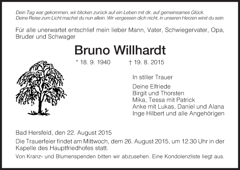  Traueranzeige für Bruno Willhardt vom 22.08.2015 aus Hersfeld