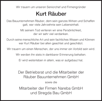 Traueranzeige von Kurt Räuber von Hersfeld