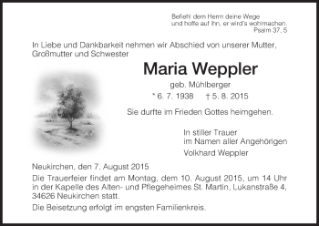 Traueranzeige von Maria Weppler von Hersfeld