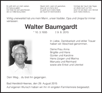 Traueranzeige von Walter Baumgardt von Hersfeld