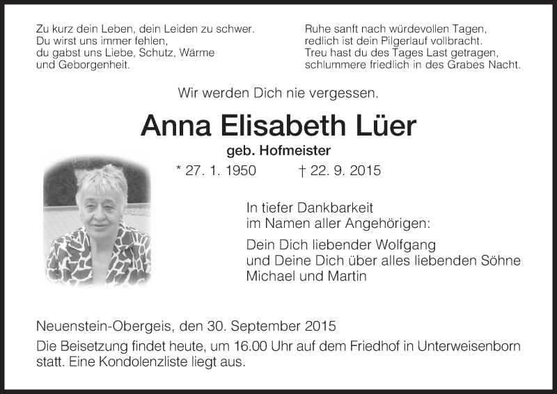  Traueranzeige für Anna Elisabeth Lüer vom 30.09.2015 aus Hersfeld