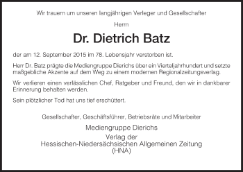 Traueranzeige von Dietrich Batz von Hersfeld