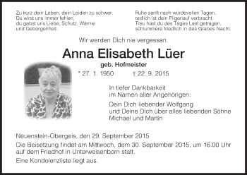 Traueranzeige von Anna Elisabeth Lüer von Hersfeld