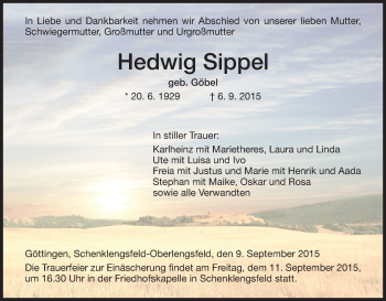 Traueranzeige von Hedwig Sippel von Hersfeld