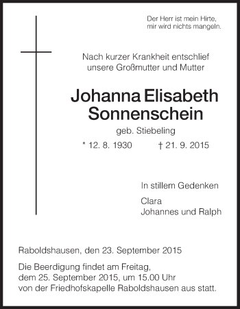 Traueranzeige von Johanna Elisabeth Sonnenschein von Hersfelder Zeitung