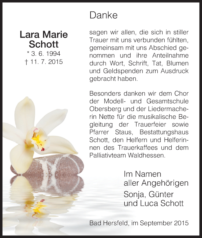  Traueranzeige für Lara Marie Schott vom 19.09.2015 aus Hersfeld