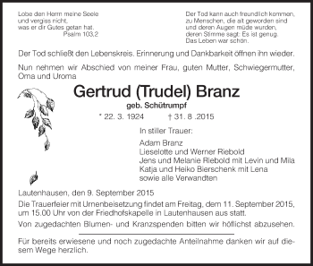 Traueranzeige von Gertrud Branz von Hersfeld