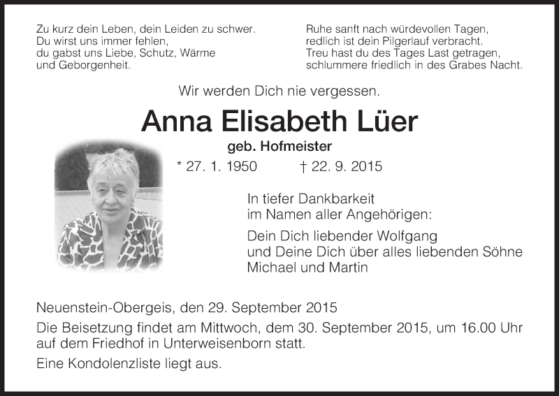  Traueranzeige für Anna Elisabeth Lüer vom 29.09.2015 aus Hersfeld