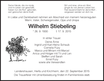 Traueranzeige von Wilhelm Stiebeling von Hersfeld