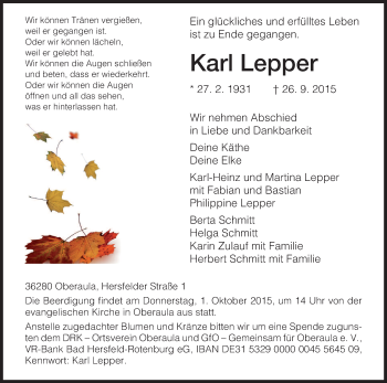 Traueranzeige von Karl Lepper von Hersfeld