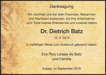 Traueranzeige von Dietrich Batz von Hersfeld