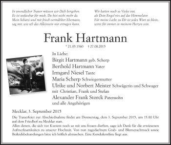 Traueranzeige von Frank Hartmann von Hersfeld