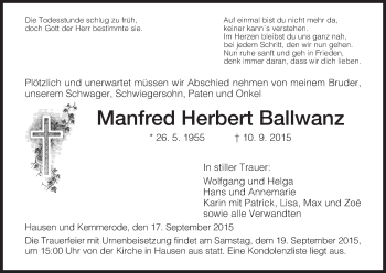 Traueranzeige von Manfred Herbert Ballwanz von Hersfeld