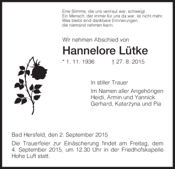 Traueranzeige von Hannelore Lütke von Hersfeld