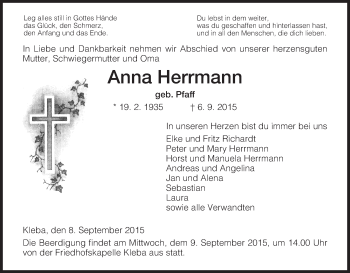 Traueranzeige von Anna Herrmann von Hersfeld