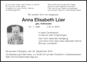 Traueranzeige von Anna Elisabeth Lüer von Hersfeld