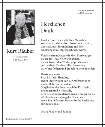 Traueranzeige von Kurt Räuber von Hersfeld