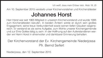 Traueranzeige von Johannes Horst von Hersfeld