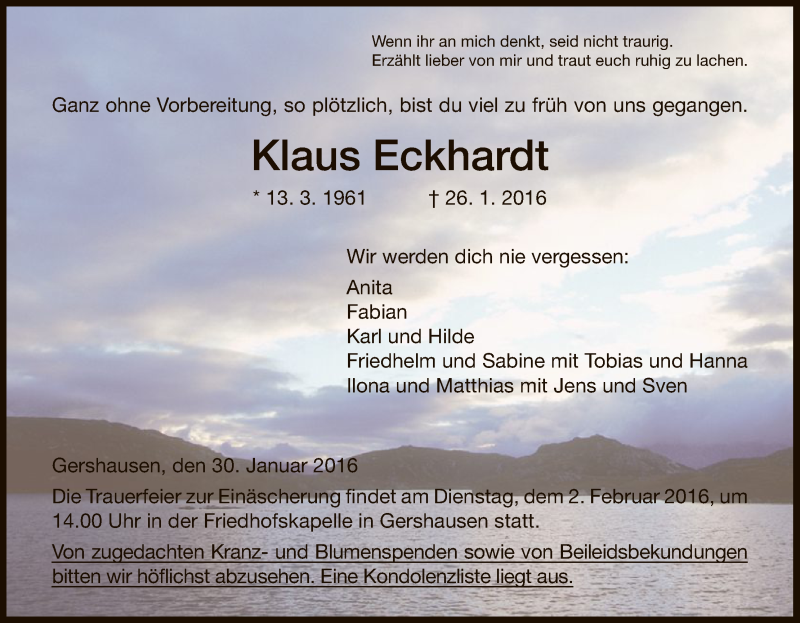  Traueranzeige für Klaus Eckhardt vom 30.01.2016 aus Hersfeld