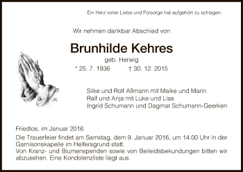 Traueranzeige von Brunhilde Kehres von Hersfeld