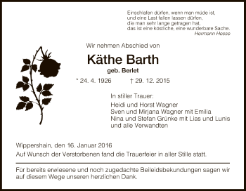 Traueranzeige von Käthe Barth von Hersfeld