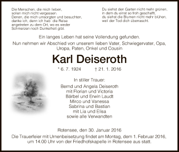 Traueranzeige von Karl Deiseroth von Hersfeld