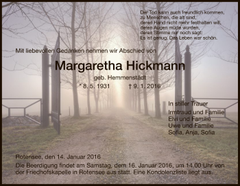 Traueranzeige von Margaretha Hickmann von Hersfeld