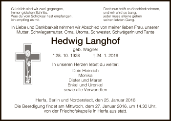 Traueranzeige von Hedwig Langhof von Hersfeld