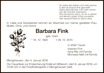 Traueranzeige von Barbara Fink von Hersfeld