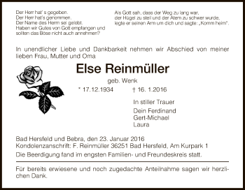 Traueranzeige von Else Reinmüller von Hersfeld