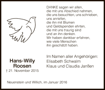 Traueranzeige von Hans-Willy Roosen von Hersfeld