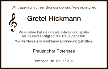 Traueranzeige von Gretel Hickmann von Hersfeld