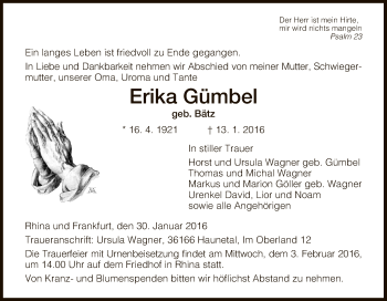 Traueranzeige von Erika Gümbel von Hersfeld