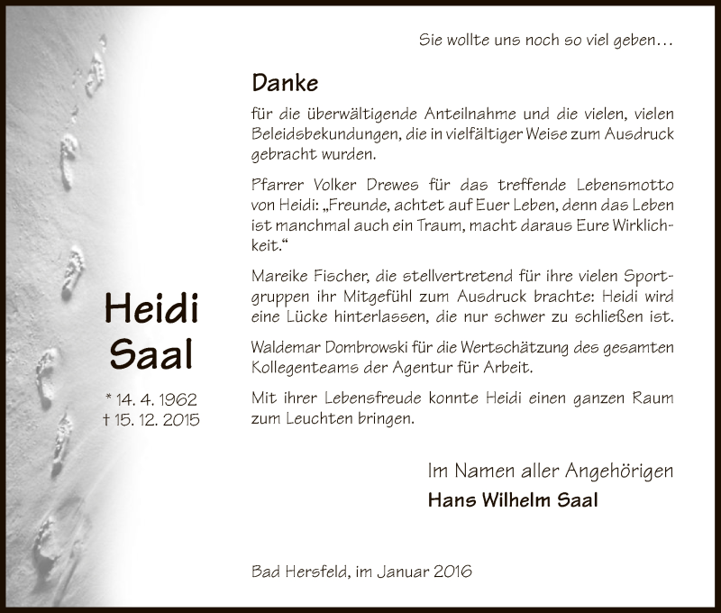  Traueranzeige für Heidi Saal vom 30.01.2016 aus Hersfeld