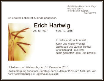 Traueranzeige von Erich Hartwig von Hersfeld