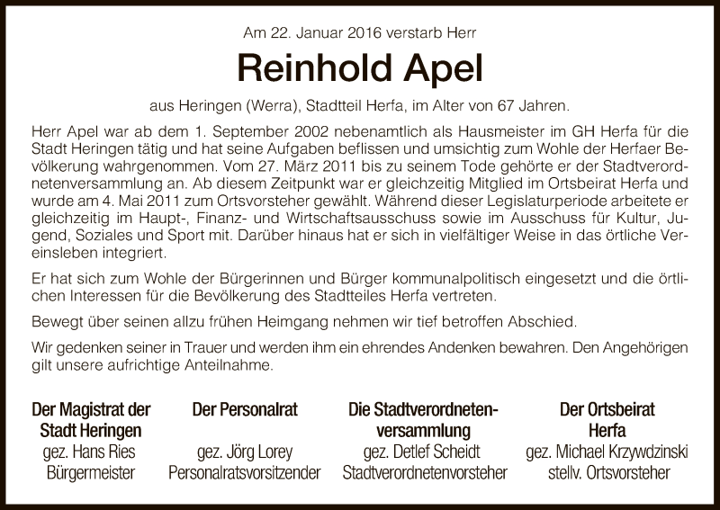  Traueranzeige für Reinhold Apel vom 30.01.2016 aus Hersfeld