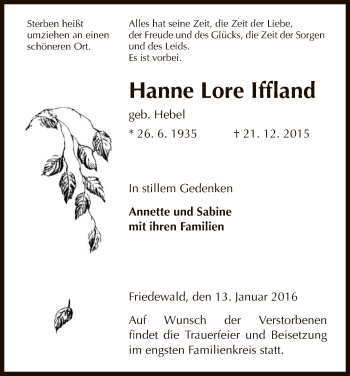 Traueranzeige von Hanne Lore Iffland von Hersfeld