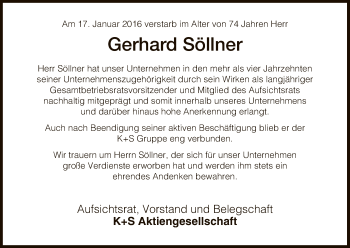 Traueranzeige von Gerhard Söllner von Hersfeld