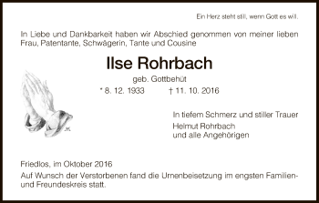 Traueranzeige von Ilse Rohrbach von Hersfeld