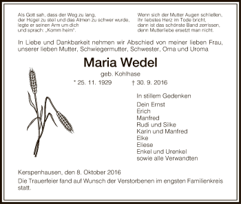 Traueranzeige von Maria Wedel von Hersfeld