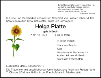 Traueranzeige von Helga Platte von Hersfeld