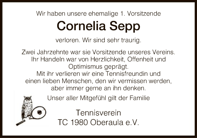  Traueranzeige für Cornelia Sepp vom 21.10.2016 aus Hersfeld