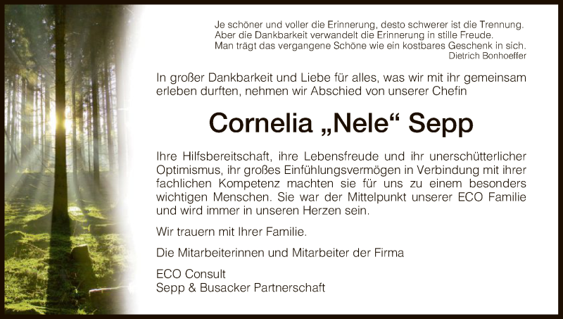 Traueranzeige für Cornelia Sepp vom 20.10.2016 aus Hersfeld