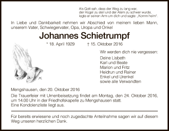 Traueranzeige von Johannes Schietrumpf von Hersfeld